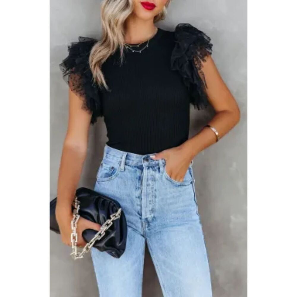 SHEWIN WOMEN BLACK DOTTY LAYERED RUFFLE SLEEVE CASUAL RIBBED KNIT TOP